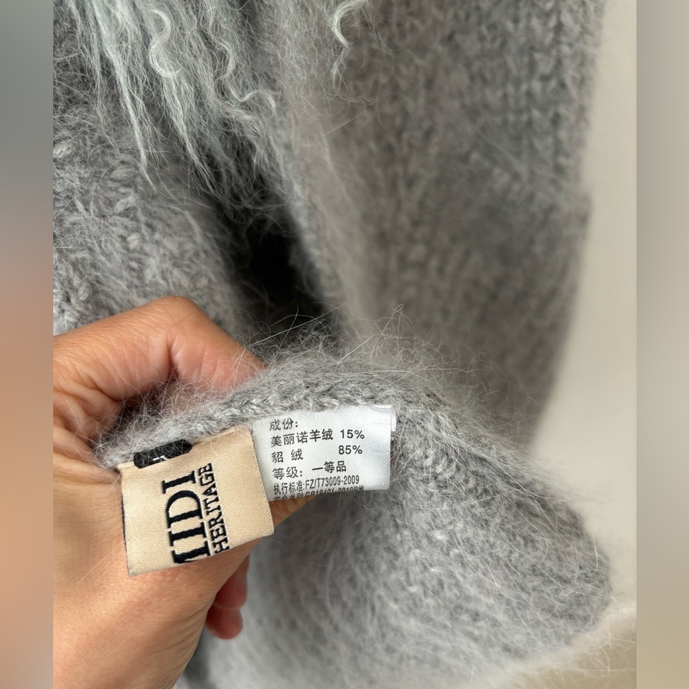 Wool Blend Cardigan Coat With Removable Mongolian Fur Collar Gray Size L - Picture 9 of 13